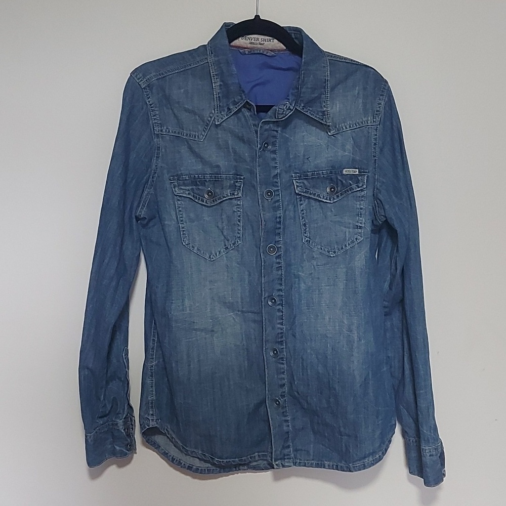 Mens causal button down jean like long sleeve medium